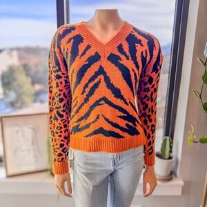 NWT, X-Small-Diane Animal Print Orange/Black VNeck Pullover Sweater-Francesca's